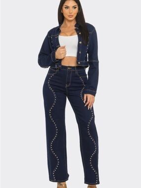High-Rise Navy Straight-Leg Jeans Jean with Stud Detail